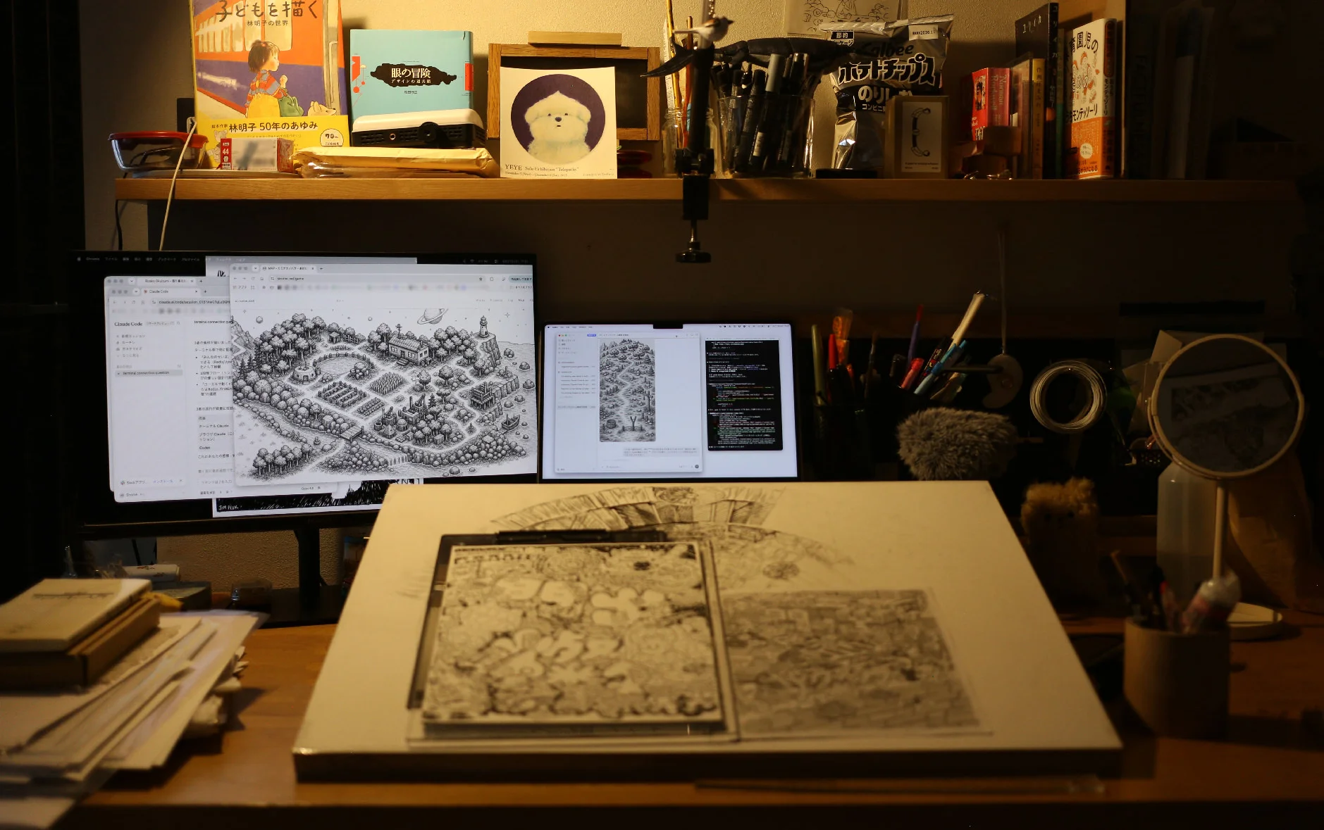 作業机　手前で絵をかいてるあいだ、奥でサイト構築が進む